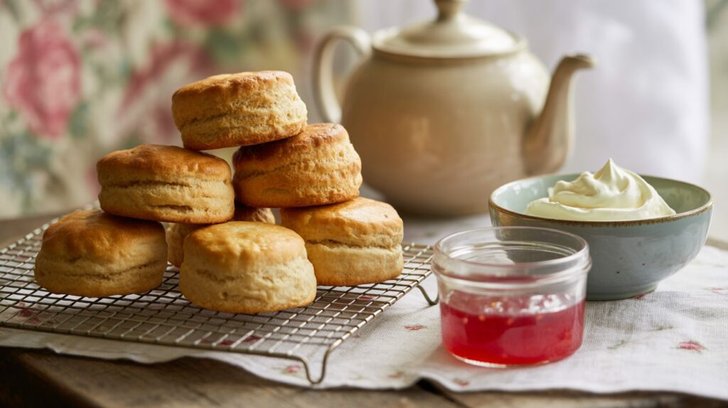 Easy Lemonade Scones Recipe: Fluffy and Ready in 20 Minutes 3 golden scones on a cooling rack with a jar of jam and whipped cream.